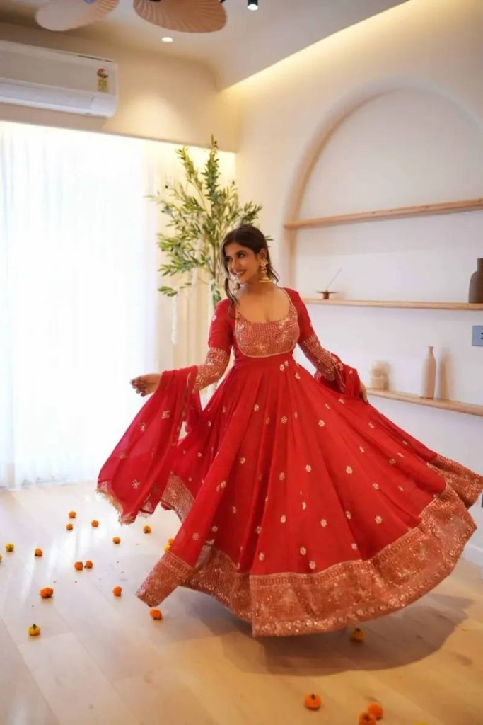 Red Georgette Anarkali Suit with Thread and Sequin Work