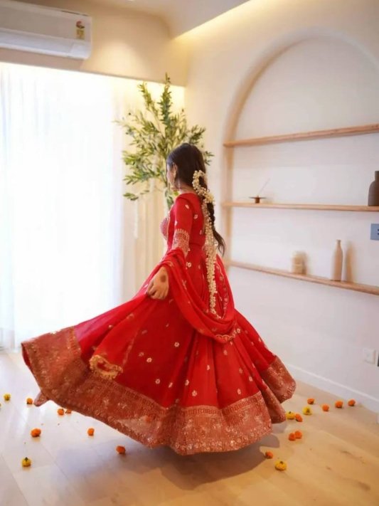 Red Georgette Anarkali Suit with Thread and Sequin Work