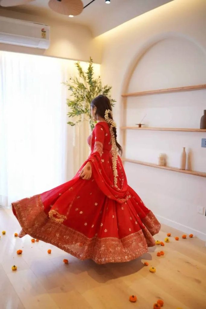 Red Georgette Anarkali Suit with Thread and Sequin Work