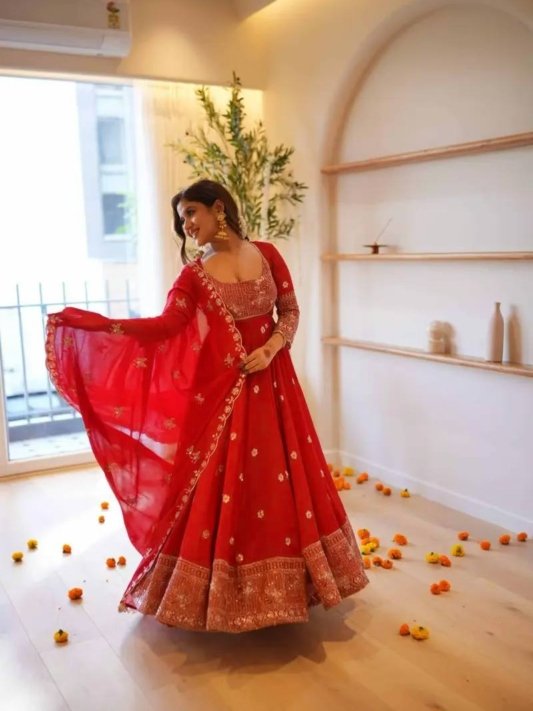 Red Georgette Anarkali Suit with Thread and Sequin Work