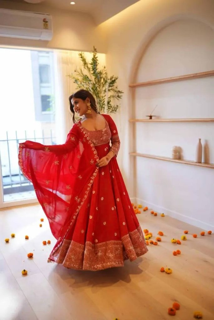 Red Georgette Anarkali Suit with Thread and Sequin Work