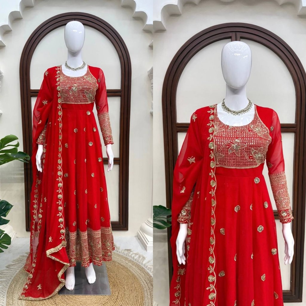 Red Georgette Anarkali Suit with Thread and Sequin Work