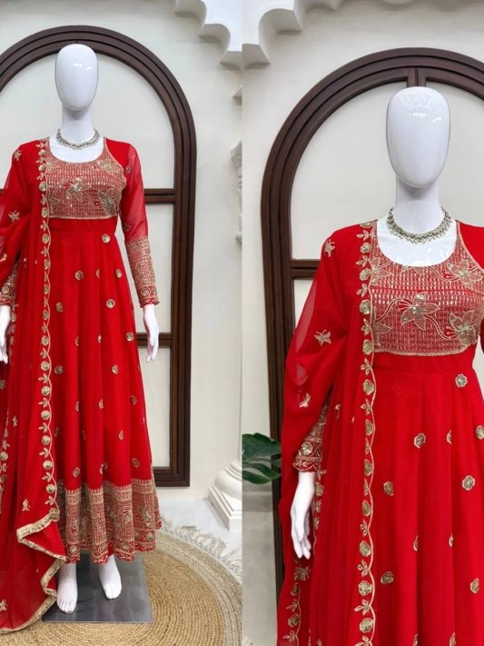 Red Georgette Anarkali Suit with Thread and Sequin Work – view 6