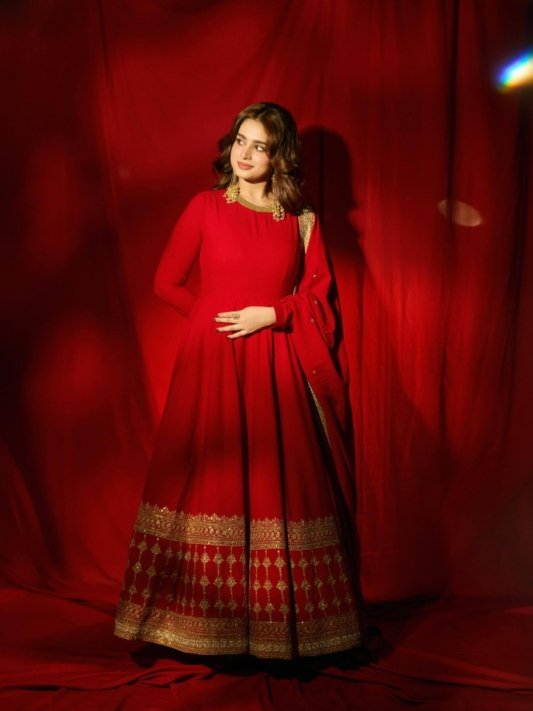 Ayesha Khan Anarkali Dress in Red Vichitra Silk Embroidery for Party