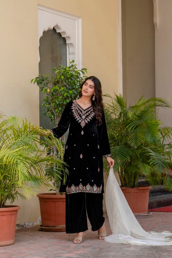 Divena Floral Embroidered Regular Zardozi Velvet Kurta with Trousers & Dupatta