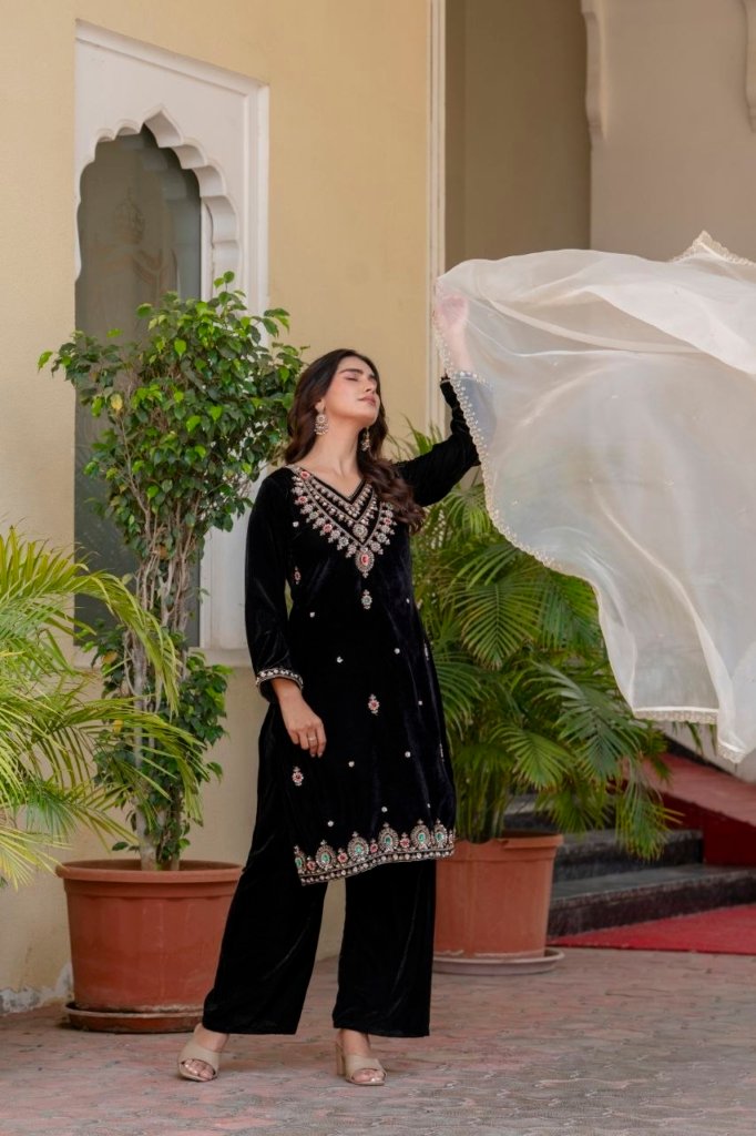 Divena Floral Embroidered Regular Zardozi Velvet Kurta with Trousers & Dupatta