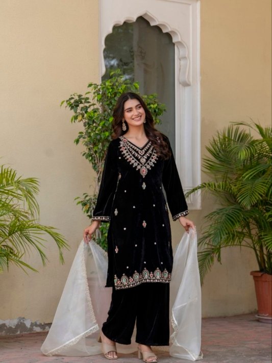 Divena Floral Embroidered Regular Zardozi Velvet Kurta with Trousers & Dupatta