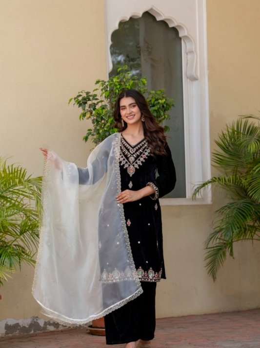 Divena Floral Embroidered Regular Zardozi Velvet Kurta with Trousers & Dupatta