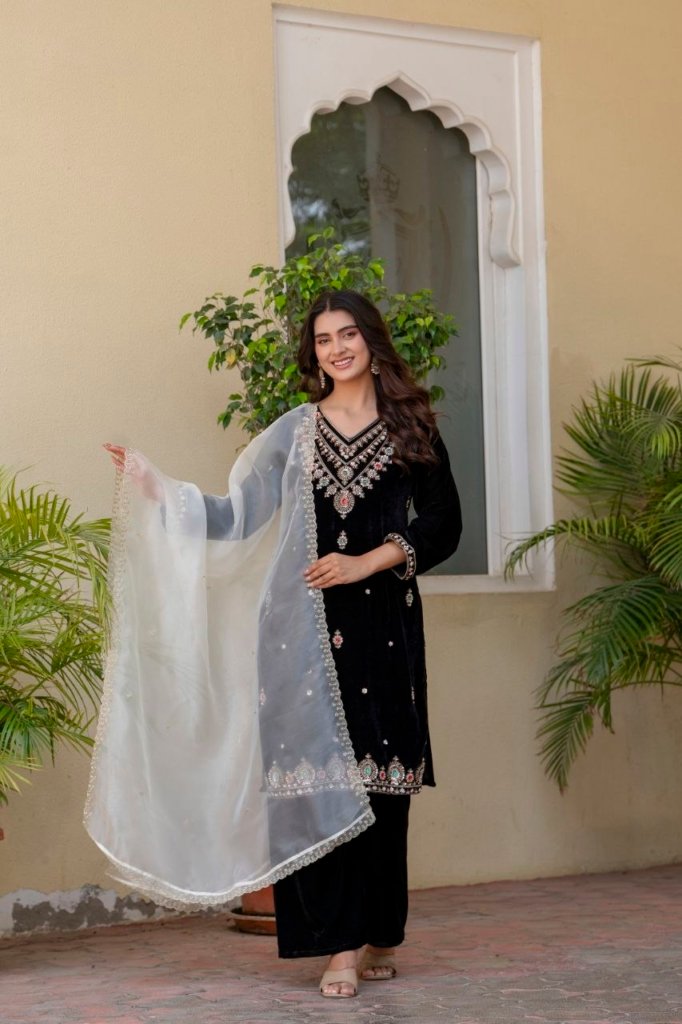 Divena Floral Embroidered Regular Zardozi Velvet Kurta with Trousers & Dupatta