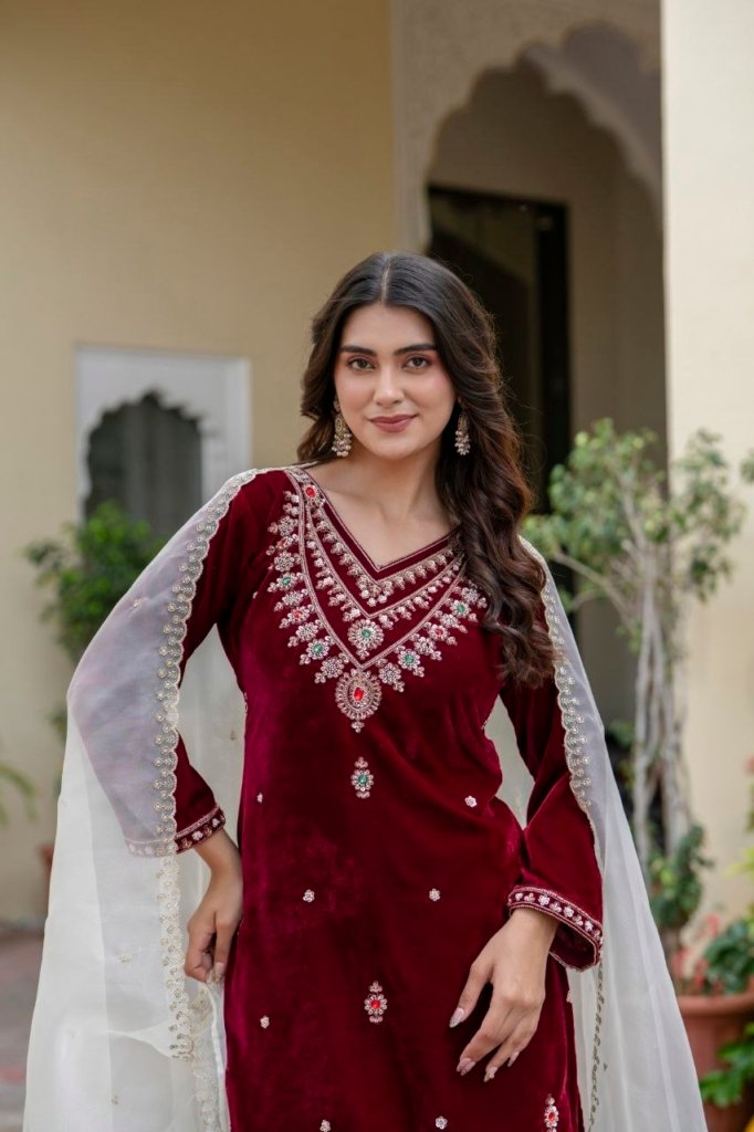 Divena Floral Embroidered Regular Zardozi Velvet Kurta with Trousers & Dupatta