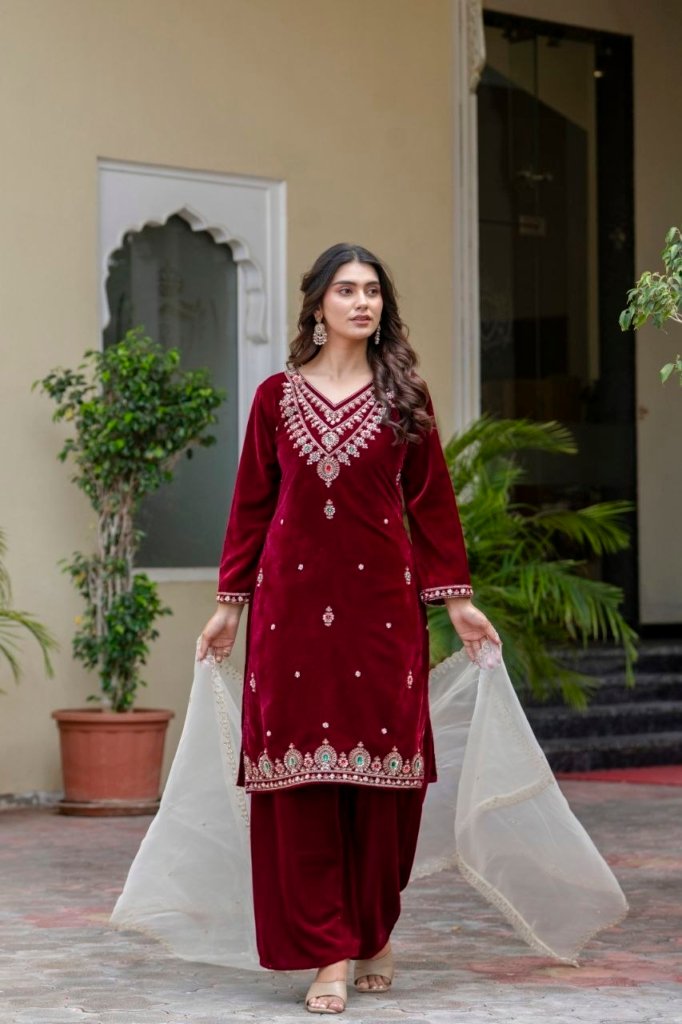 Divena Floral Embroidered Regular Zardozi Velvet Kurta with Trousers & Dupatta