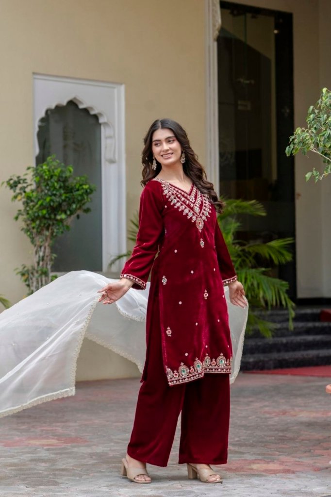 Divena Floral Embroidered Regular Zardozi Velvet Kurta with Trousers & Dupatta