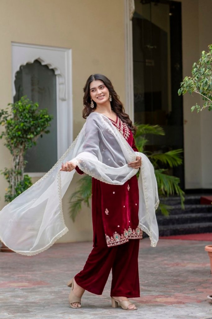 Divena Floral Embroidered Regular Zardozi Velvet Kurta with Trousers & Dupatta