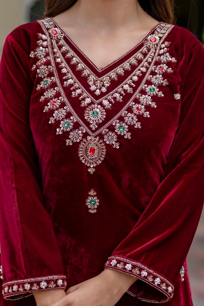 Divena Floral Embroidered Regular Zardozi Velvet Kurta with Trousers & Dupatta