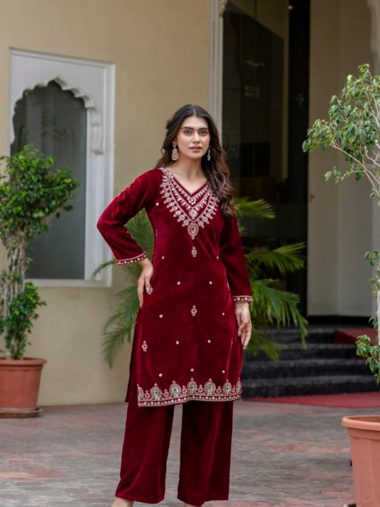 Divena Floral Embroidered Regular Zardozi Velvet Kurta with Trousers & Dupatta