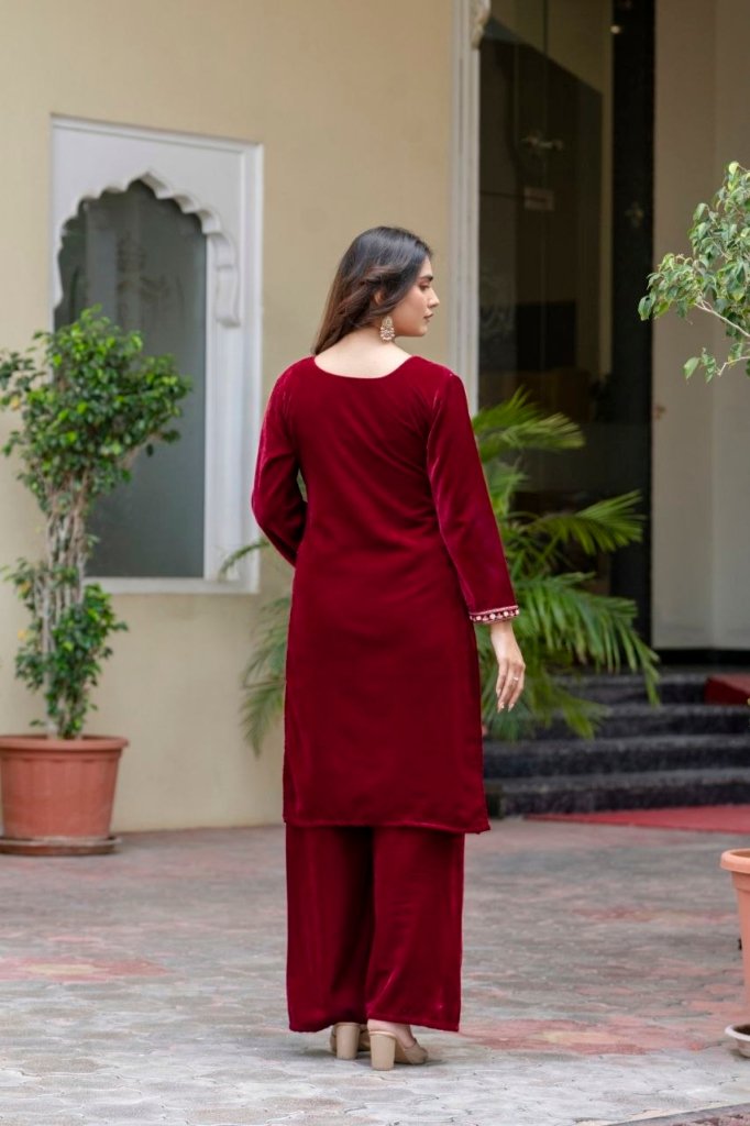 Divena Floral Embroidered Regular Zardozi Velvet Kurta with Trousers & Dupatta