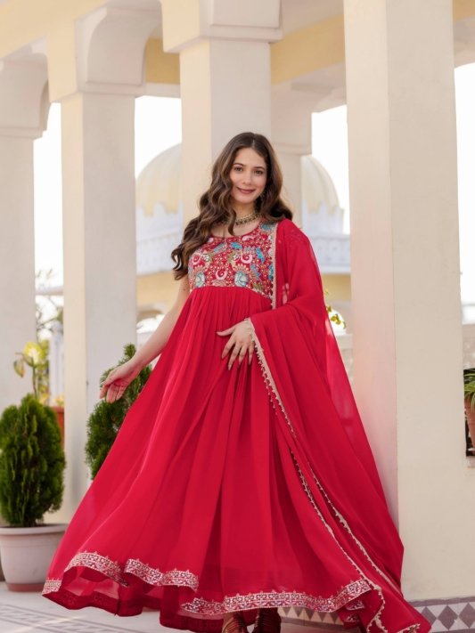 Georgette Ruby Wedding Party Wear Gown