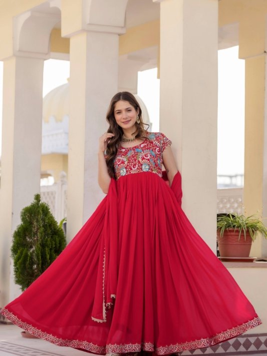 Georgette Ruby Wedding Party Wear Gown