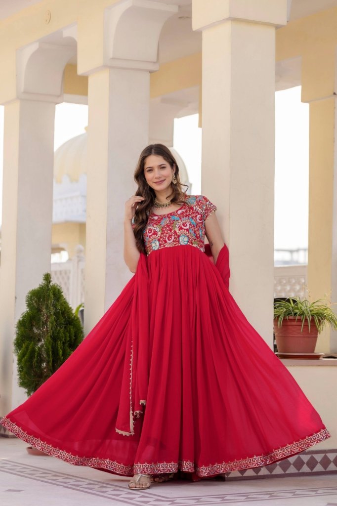Georgette Ruby Wedding Party Wear Gown
