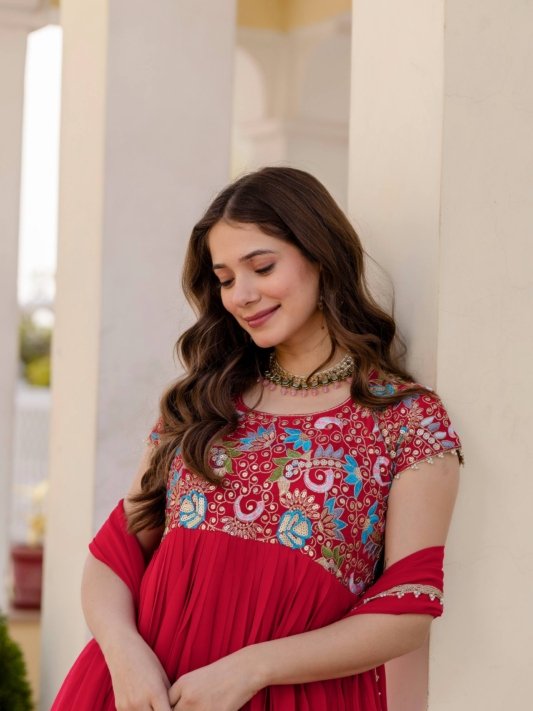 Georgette Ruby Wedding Party Wear Gown – view 11