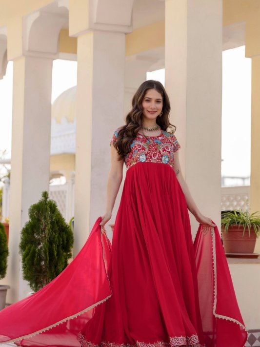 Georgette Ruby Wedding Party Wear Gown – view 15