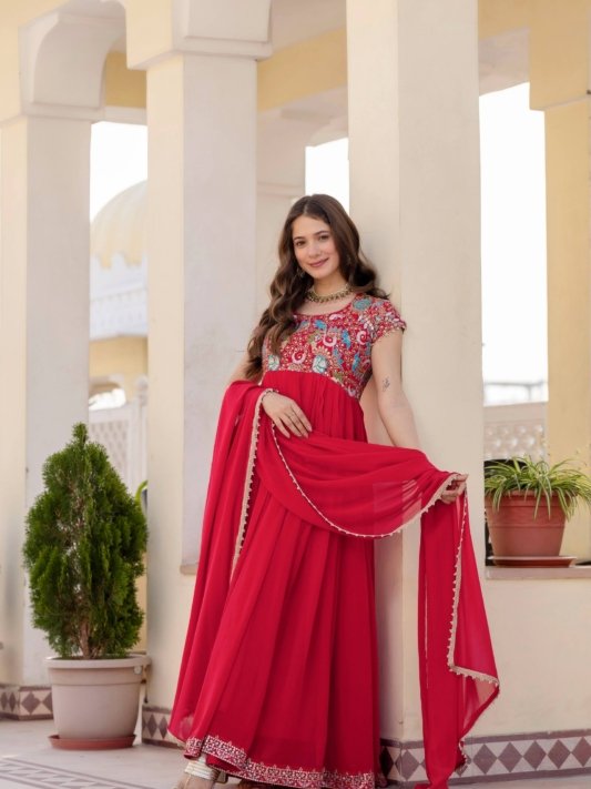 Georgette Ruby Wedding Party Wear Gown – view 9