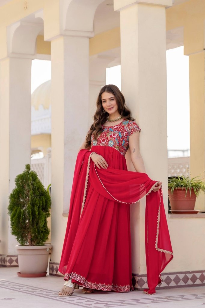 Georgette Ruby Wedding Party Wear Gown