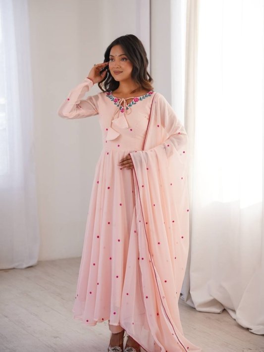 Pink Georgette Gown with Floral Neckline & Dupatta – view 10