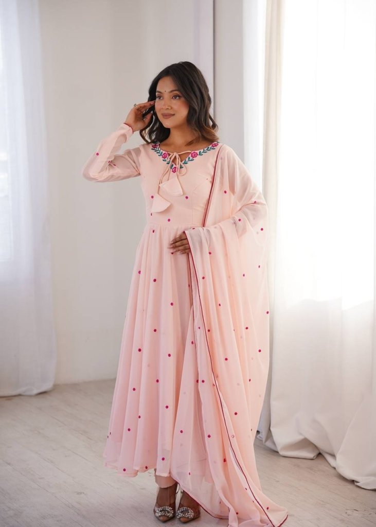 Pink Georgette Gown with Floral Neckline & Dupatta