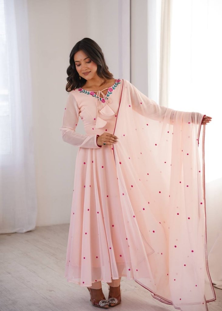 Pink Georgette Gown with Floral Neckline & Dupatta