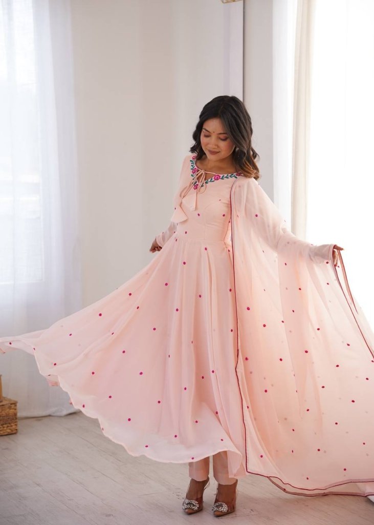 Pink Georgette Gown with Floral Neckline & Dupatta