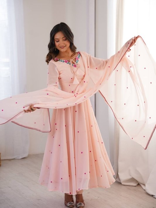 Pink Georgette Gown with Floral Neckline & Dupatta