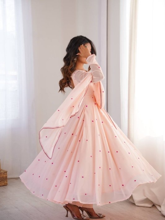Pink Georgette Gown with Floral Neckline & Dupatta