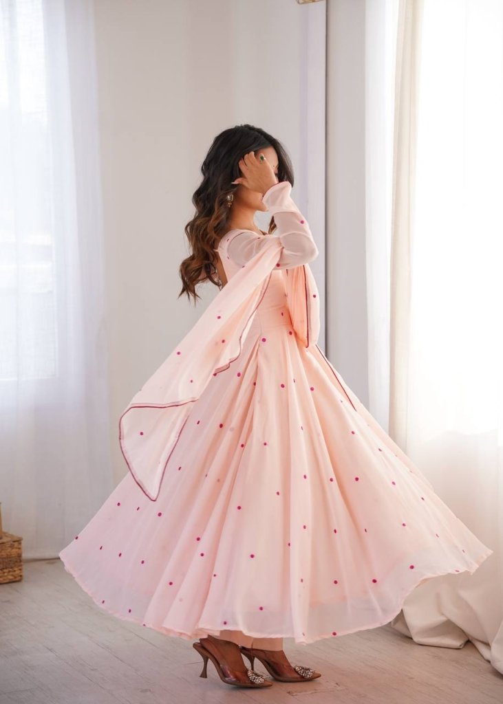 Pink Georgette Gown with Floral Neckline & Dupatta