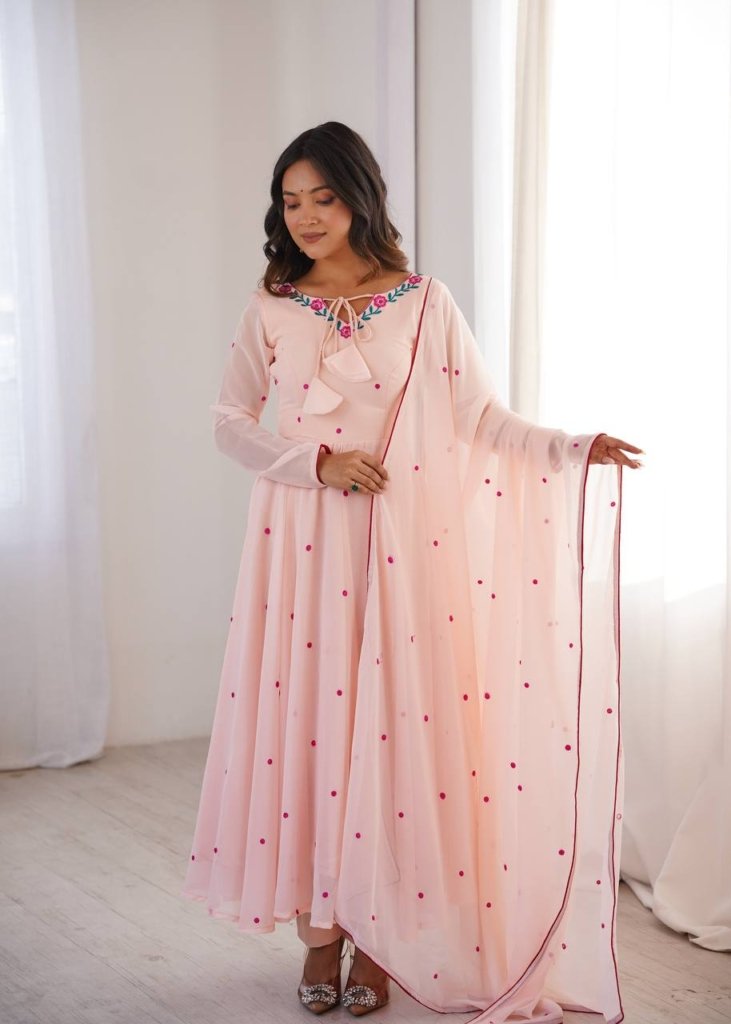 Pink Georgette Gown with Floral Neckline & Dupatta