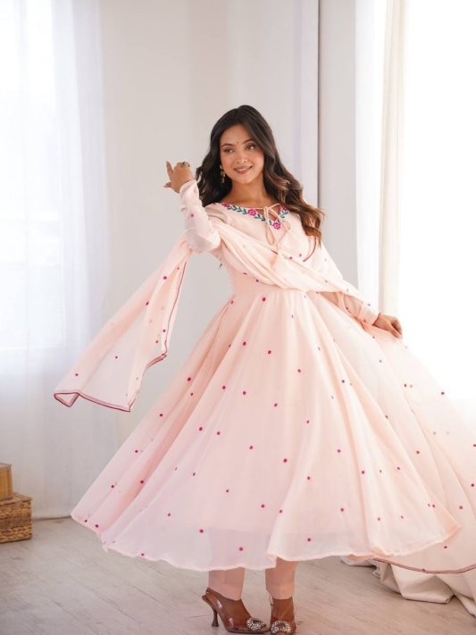 Pink Georgette Gown with Floral Neckline & Dupatta