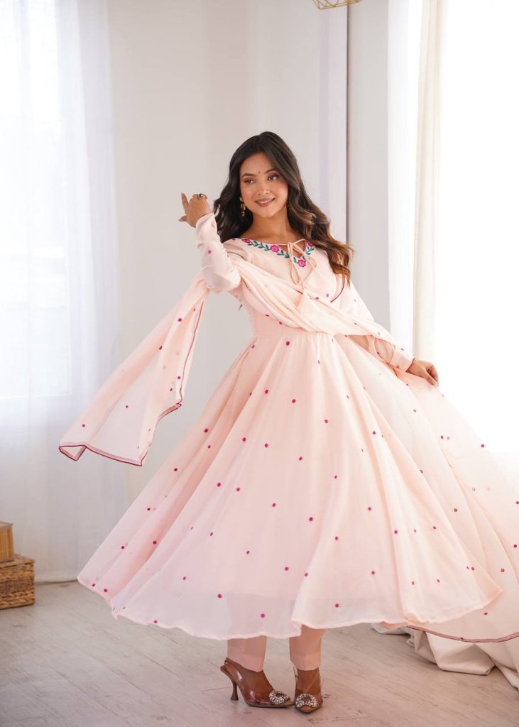 Pink Georgette Gown with Floral Neckline & Dupatta