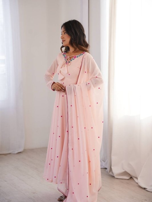 Pink Georgette Gown with Floral Neckline & Dupatta