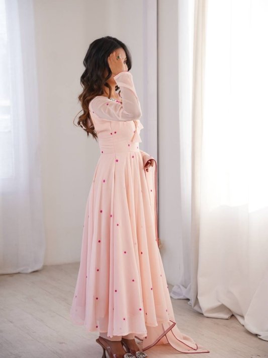 Pink Georgette Gown with Floral Neckline & Dupatta