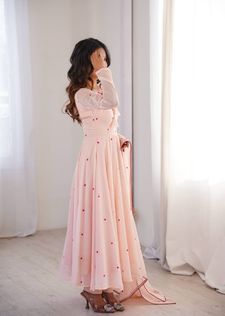 Pink Georgette Gown with Floral Neckline & Dupatta