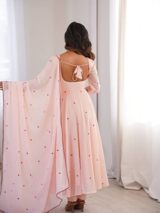 Pink Georgette Gown with Floral Neckline & Dupatta – view 7