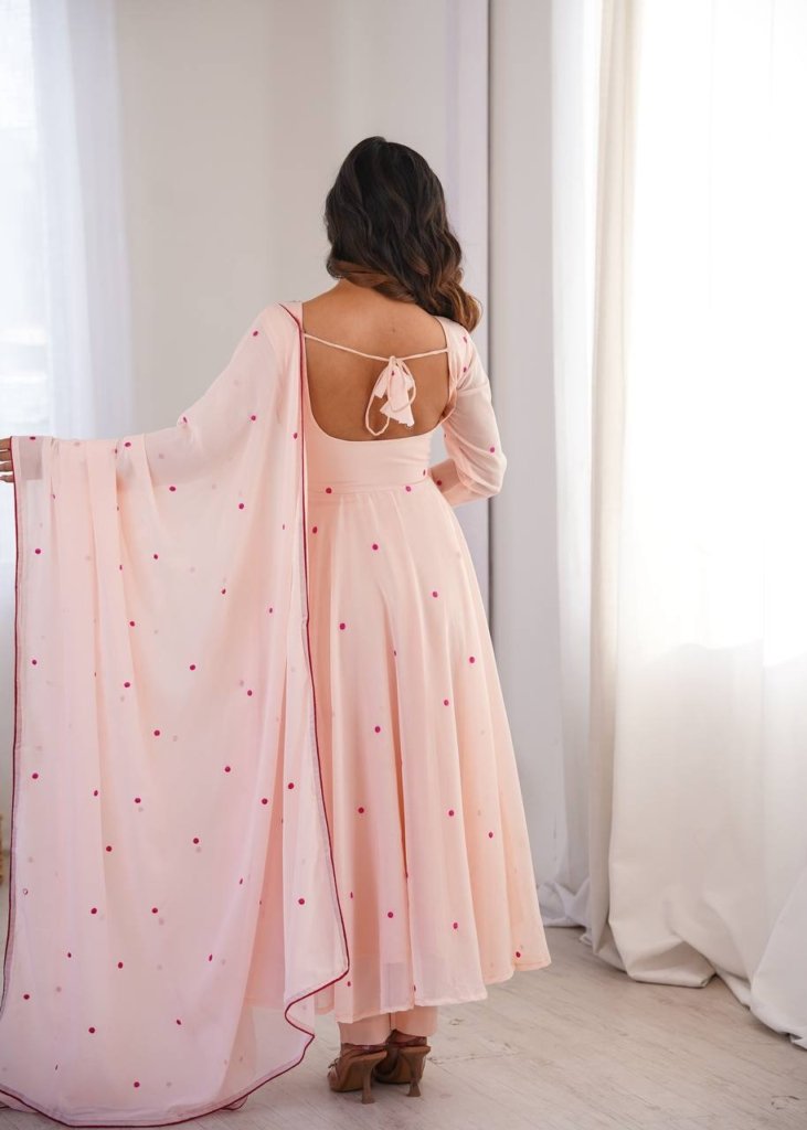 Pink Georgette Gown with Floral Neckline & Dupatta