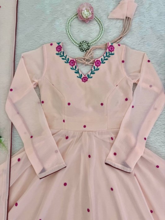 Pink Georgette Gown with Floral Neckline & Dupatta – view 12