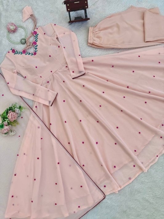 Pink Georgette Gown with Floral Neckline & Dupatta – view 11