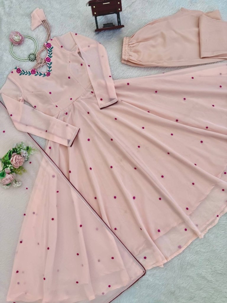 Pink Georgette Gown with Floral Neckline & Dupatta