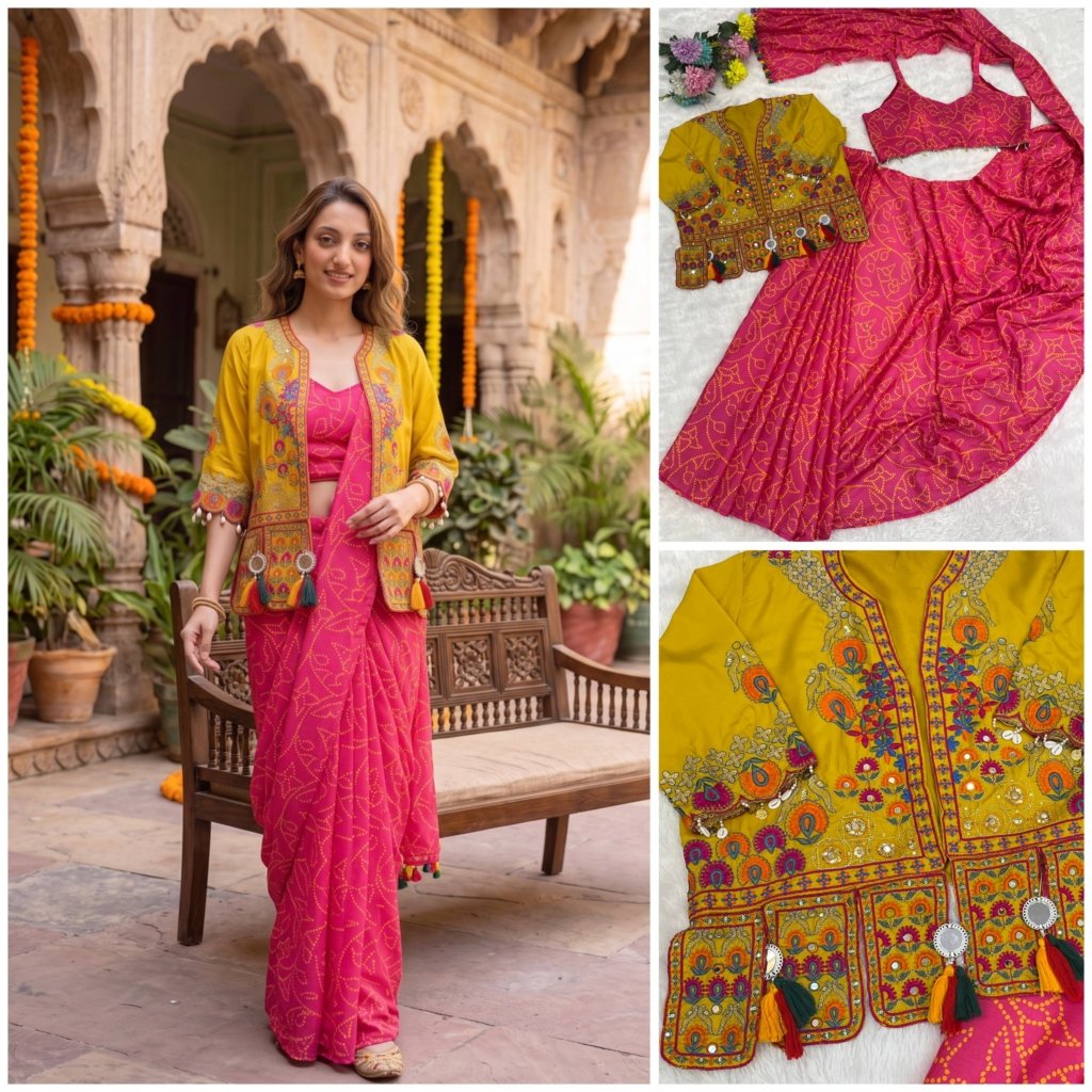 Royal Pink Saree with Mustard Embroidered Jacket – Festive Glamour by Utsavika