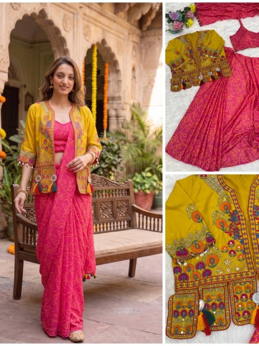 Royal Pink Saree with Mustard Embroidered Jacket – Festive Glamour by Utsavika