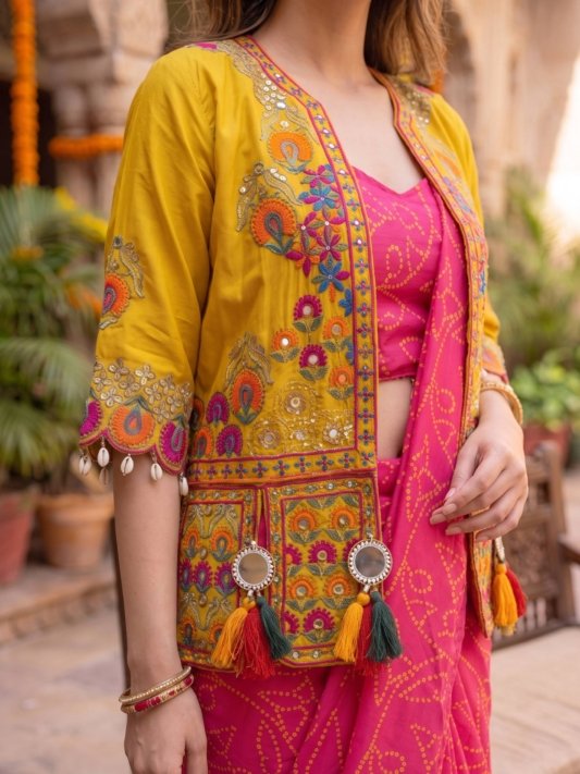 Royal Pink Saree with Mustard Embroidered Jacket – Festive Glamour by Utsavika