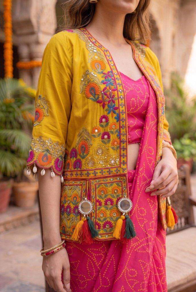 Royal Pink Saree with Mustard Embroidered Jacket – Festive Glamour by Utsavika