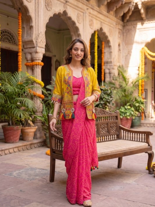 Royal Pink Saree with Mustard Embroidered Jacket – Festive Glamour by Utsavika